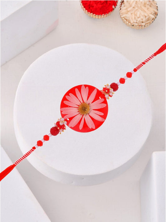 Pressed Real Flower Rakhi in Red Resin