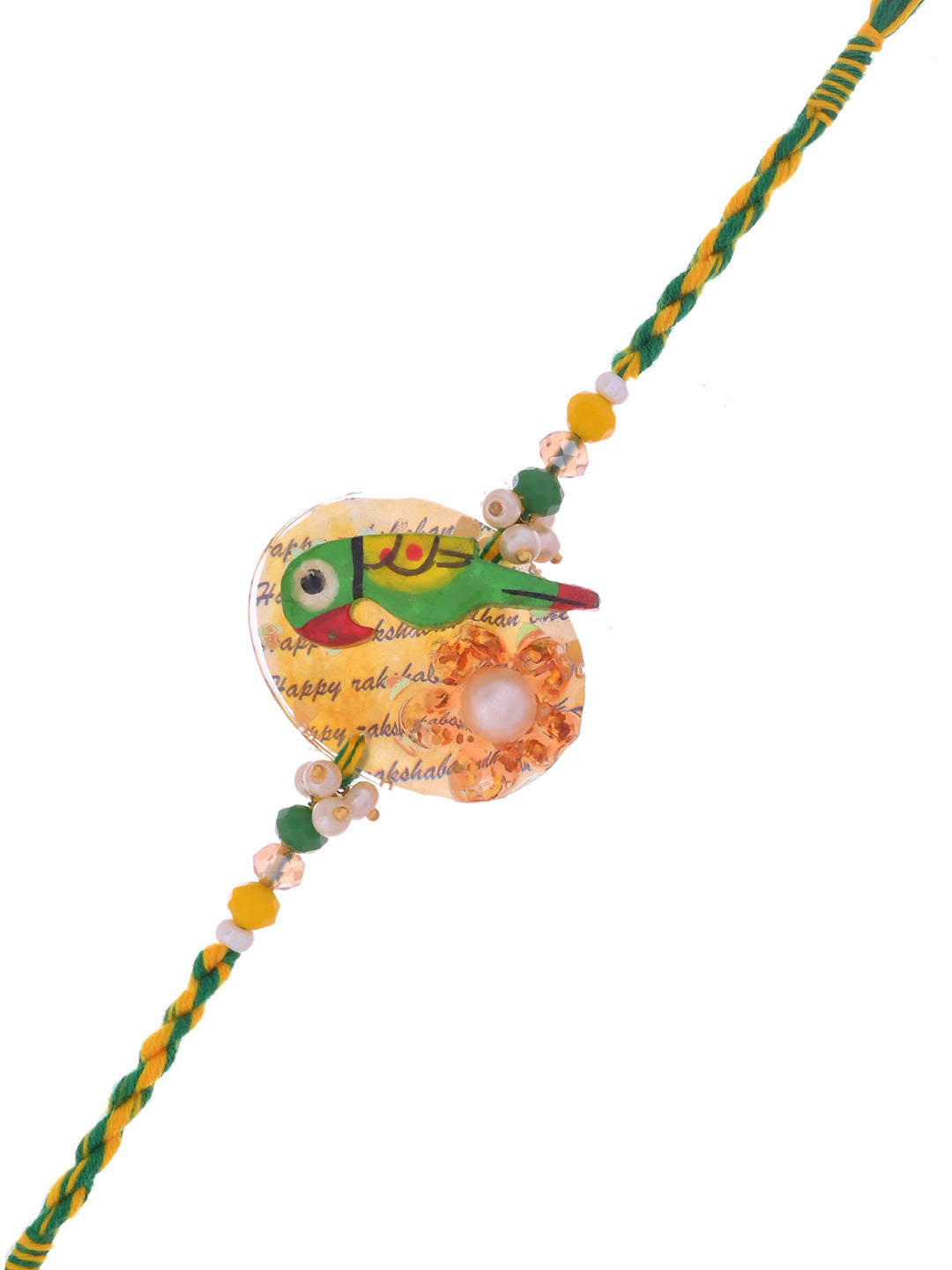 A Rakhi with a colorful parrot motif, featuring beads and a yellow-green thread.