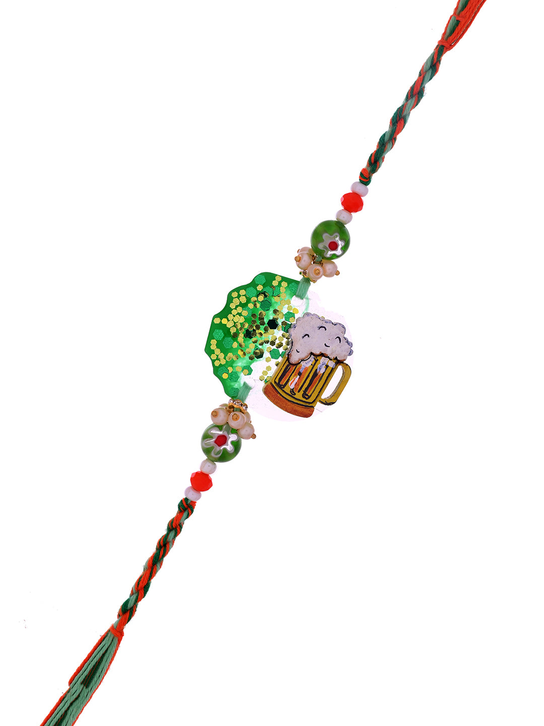 A quirky Rakhi with a beer mug and greenery design, reflecting a fun and casual style.
