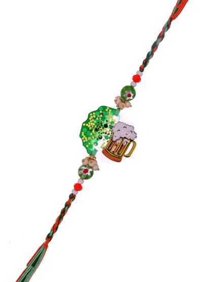 A quirky Rakhi with a beer mug and greenery design, reflecting a fun and casual style.