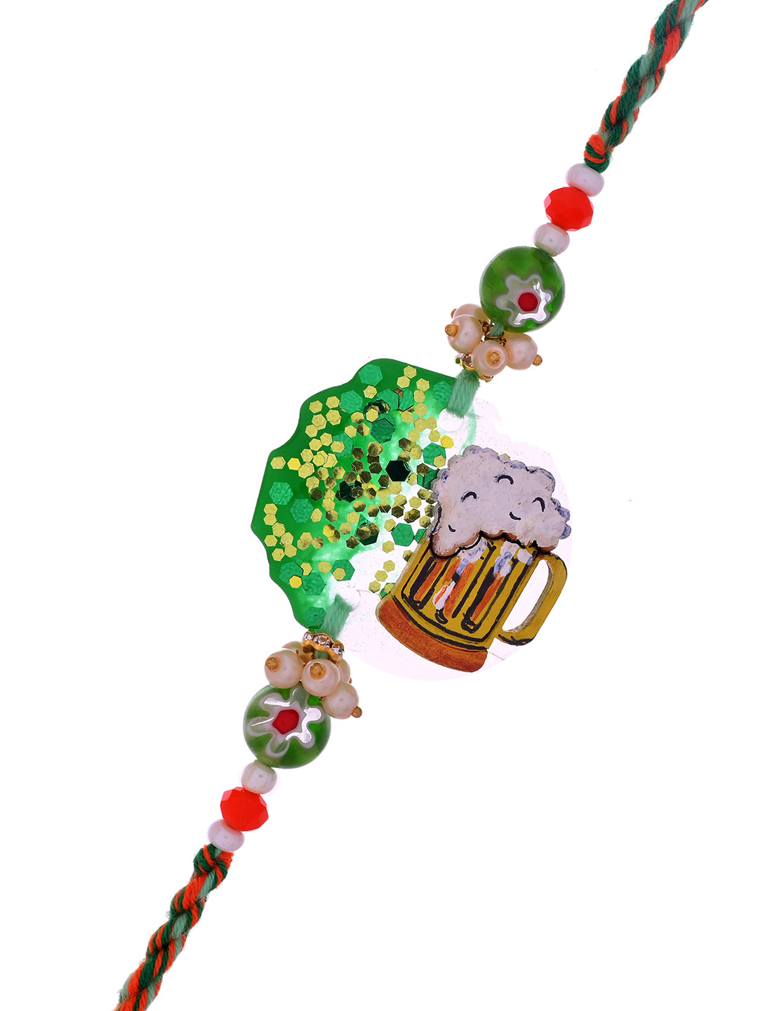 A quirky Rakhi with a beer mug and greenery design, reflecting a fun and casual style.