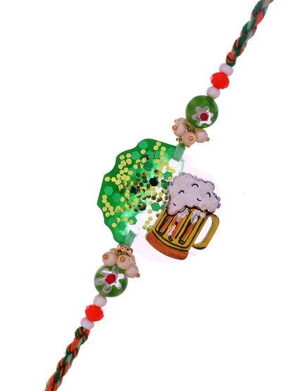 A quirky Rakhi with a beer mug and greenery design, reflecting a fun and casual style.