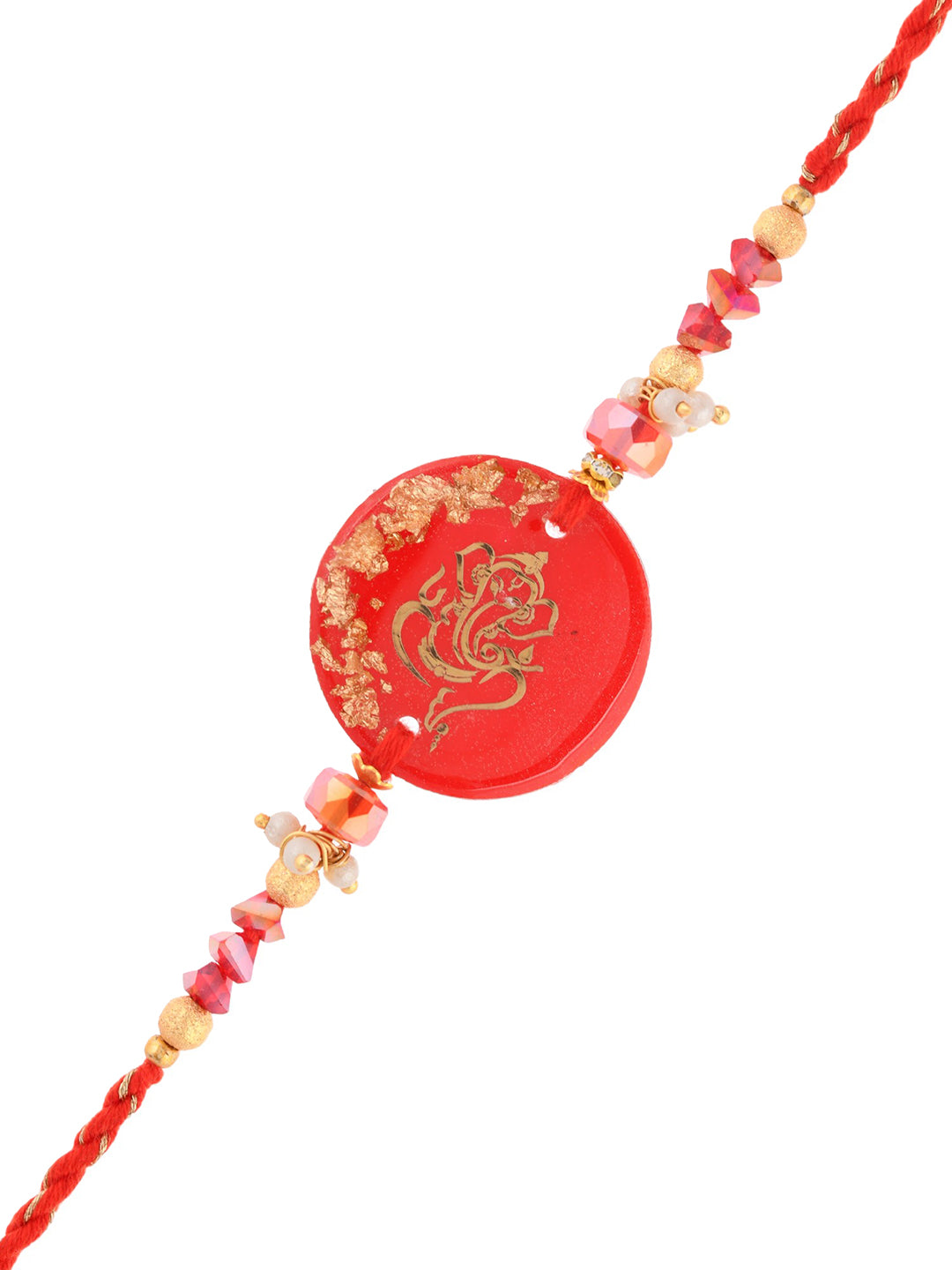 Golden Ganesha Red Resin Beaded Single Rakhi