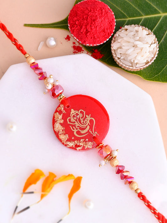 Golden Ganesha Red Resin Beaded Single Rakhi