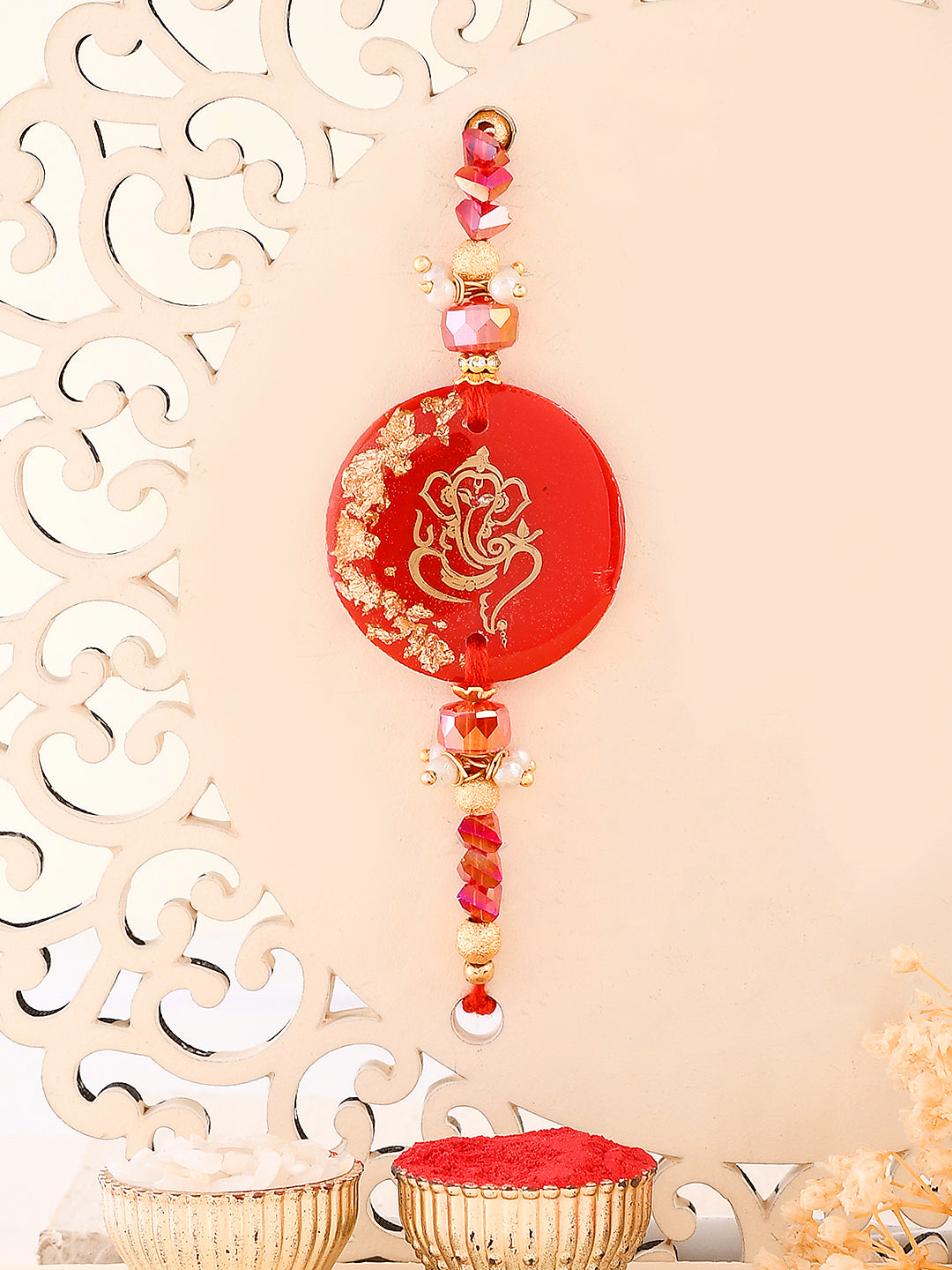 Red Resin Golden Ganesha Beaded Single Rakhi