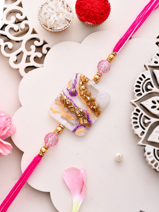 Gold & Purple Resin Designed Pink Thread Rakhi