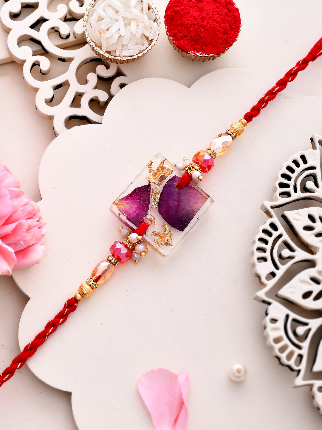 Dried Rose Petal Resin Designed Red Twisted Rakhi