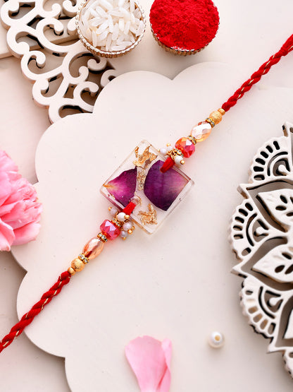 Dried Rose Petal Resin Designed Red Twisted Rakhi
