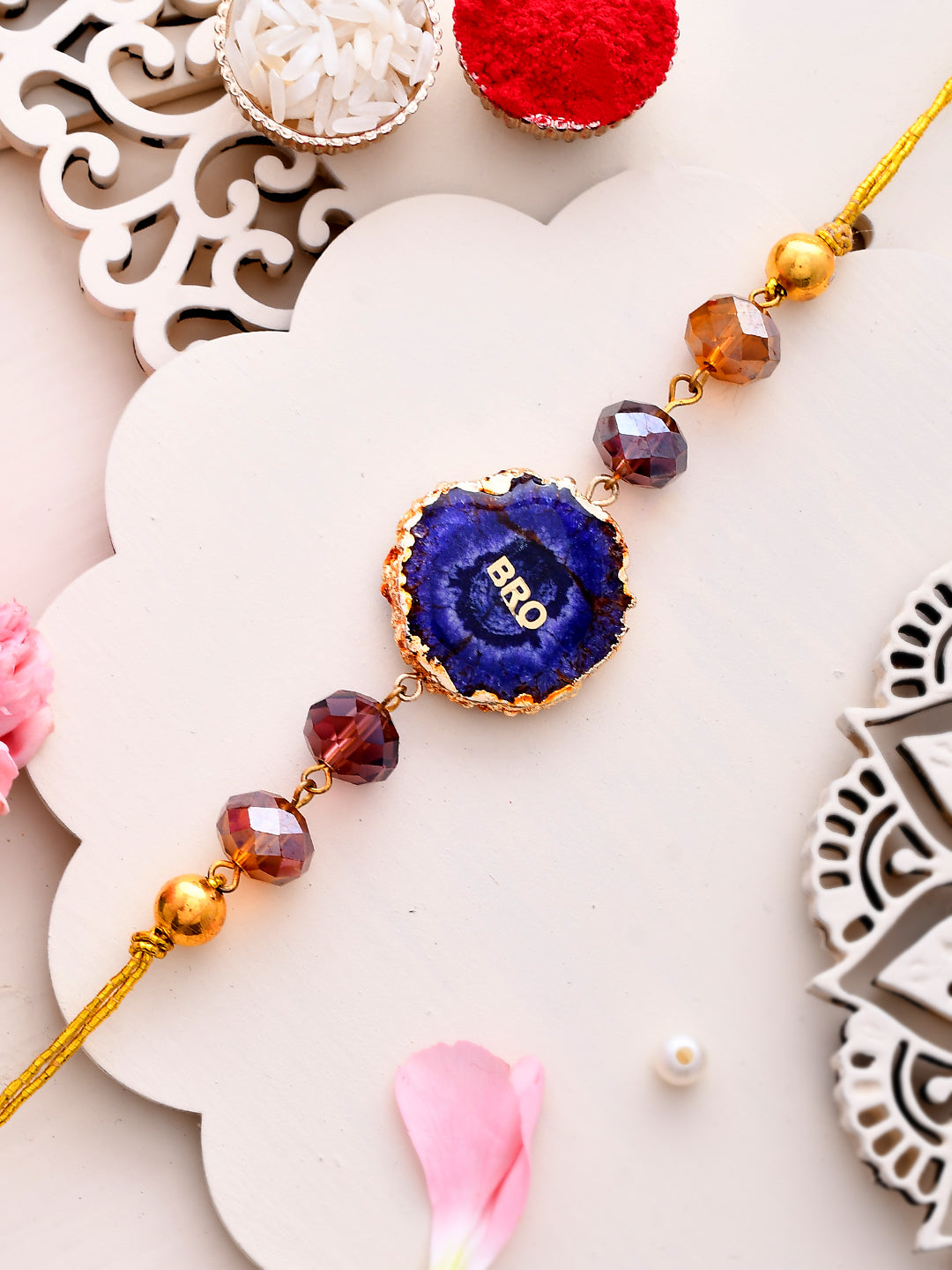 Bro Gold & Blue Resin Carved Beaded Single Rakhi