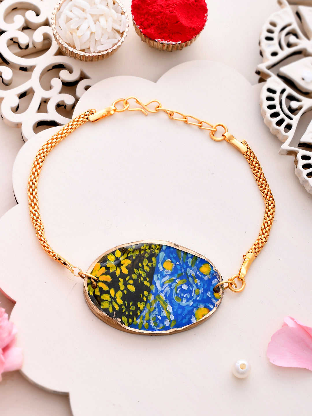 Beautiful Artwork of Flowers Blue & Green Chain Bracelet Rakhi