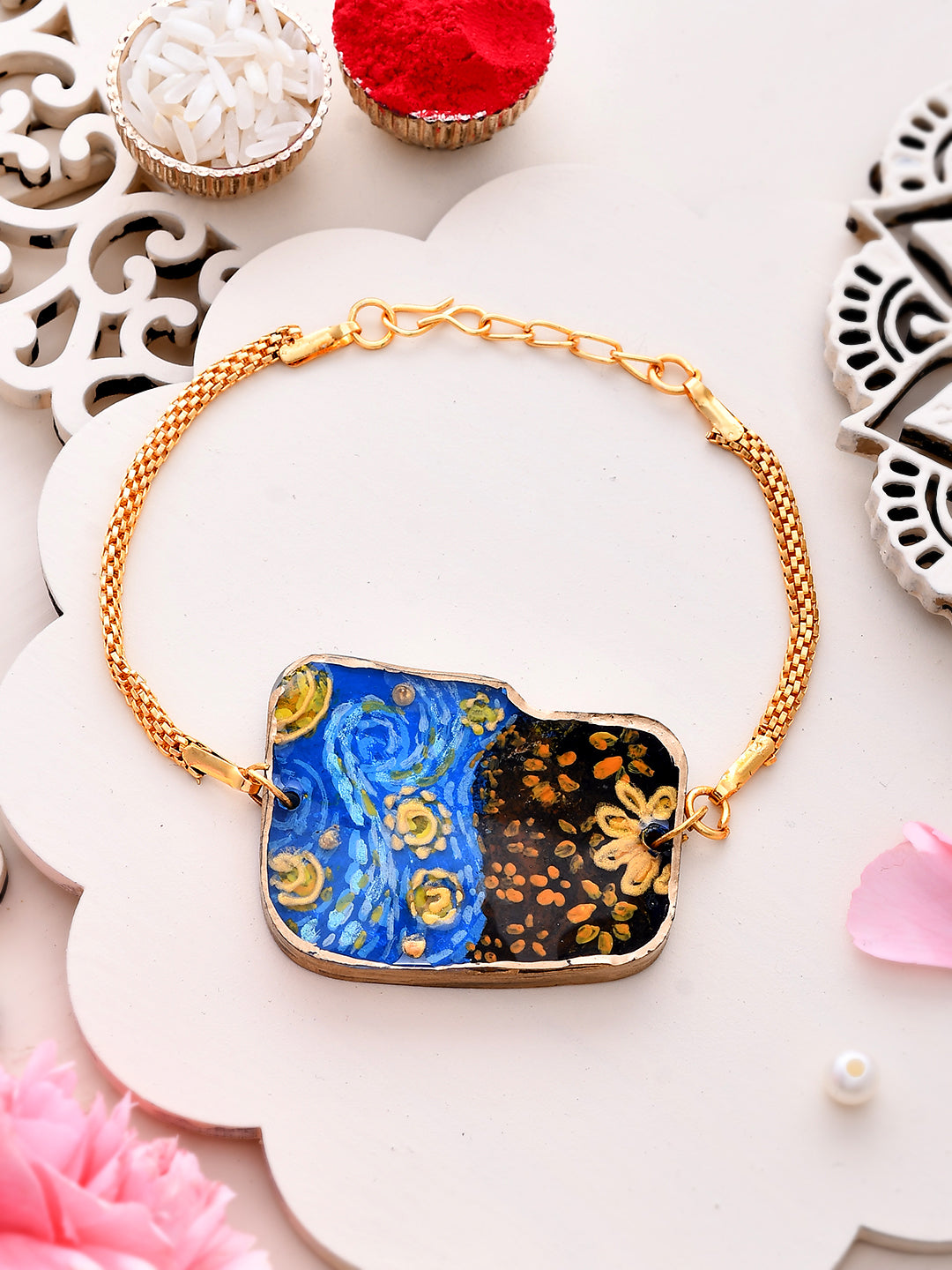 Dreamy Oceanic Rectangle Gold Plated Bracelet Rakhi