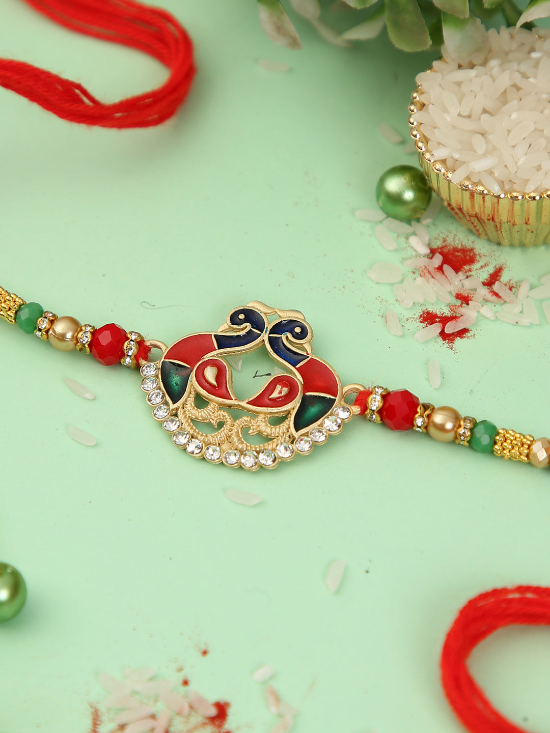 Colourful Peacock Enamled Beaded Rakhi