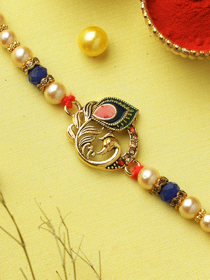 Regal Peacock Feather Pearl Rakhi