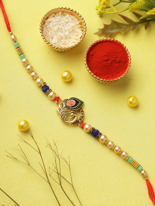 Regal Peacock Feather Pearl Rakhi