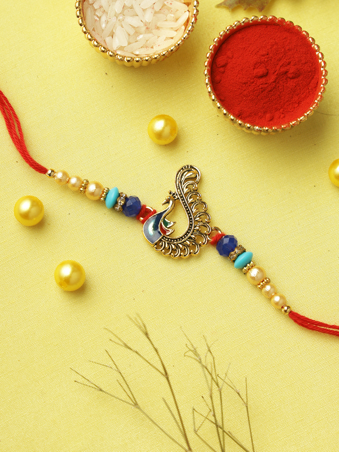 Peacock Charm Turquoise Pearl Rakhi