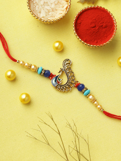 Peacock Charm Turquoise Pearl Rakhi