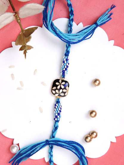White Flroal Enameled Blue Single Rakhi