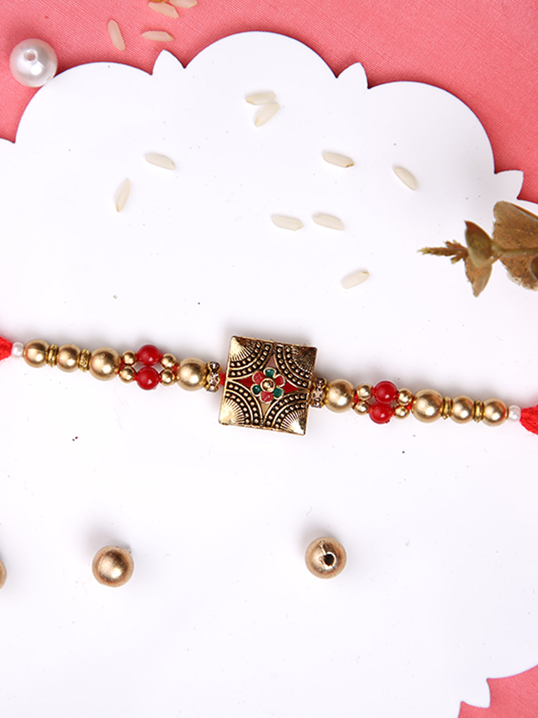 Floral & Beaded Red Single Rakhi