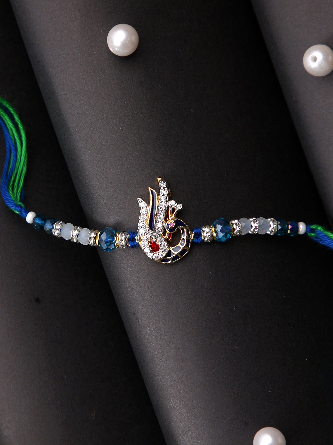 Beautiful Stone Studded Peacock Blue & Green Multistrand Rakhi