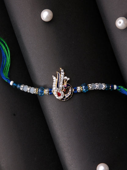 Beautiful Stone Studded Peacock Blue & Green Multistrand Rakhi