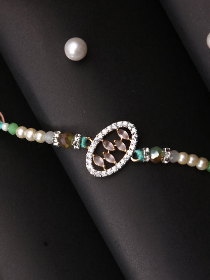 Peach & White Stone Studded Multistrand Rakhi