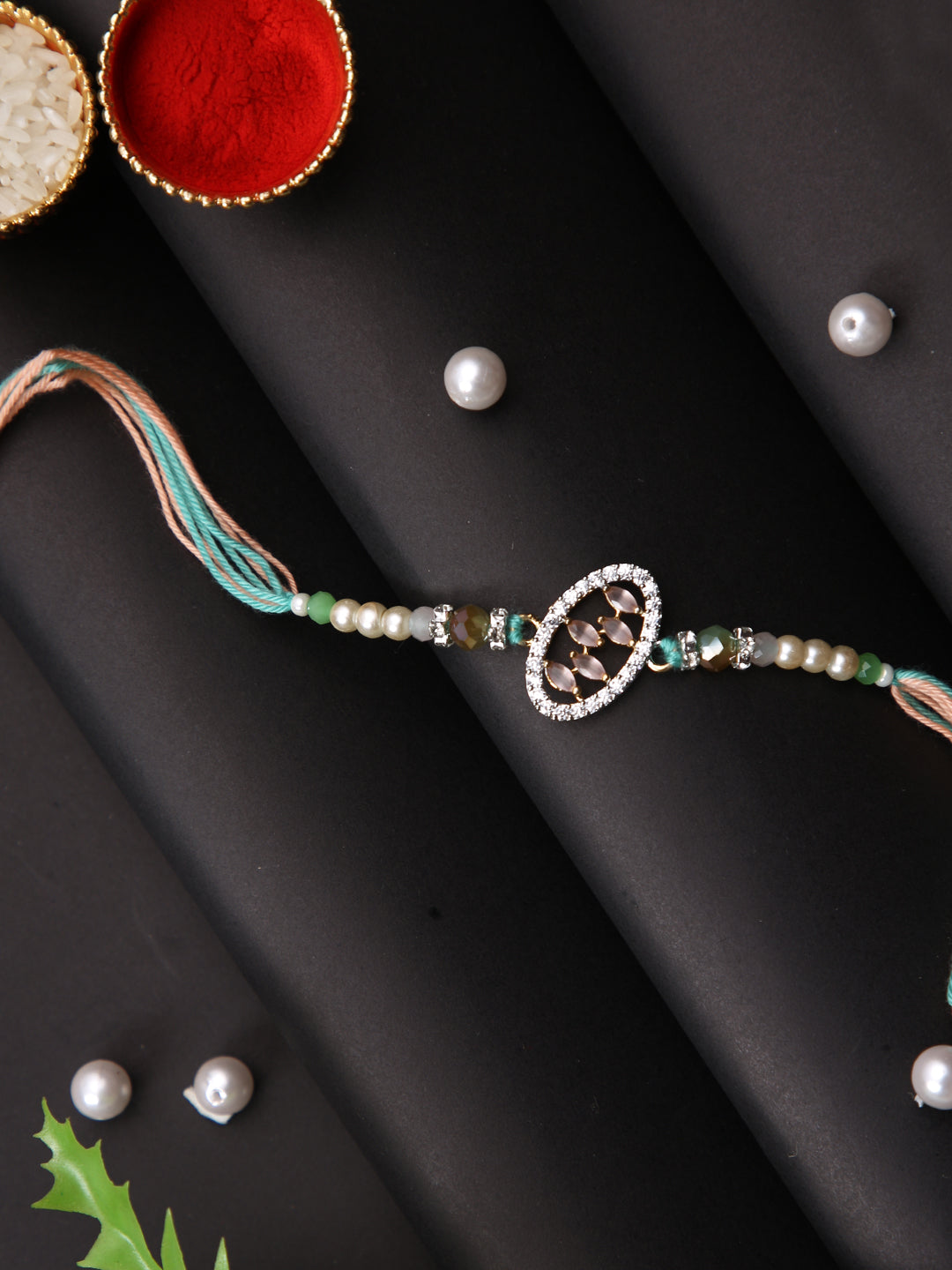 Peach & White Stone Studded Multistrand Rakhi