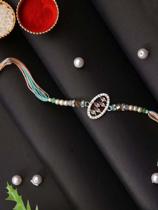 Peach & White Stone Studded Multistrand Rakhi