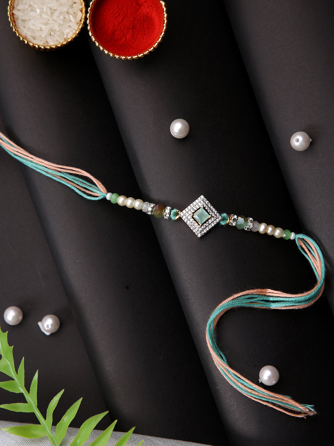Green & White Stone Studded Rakhi