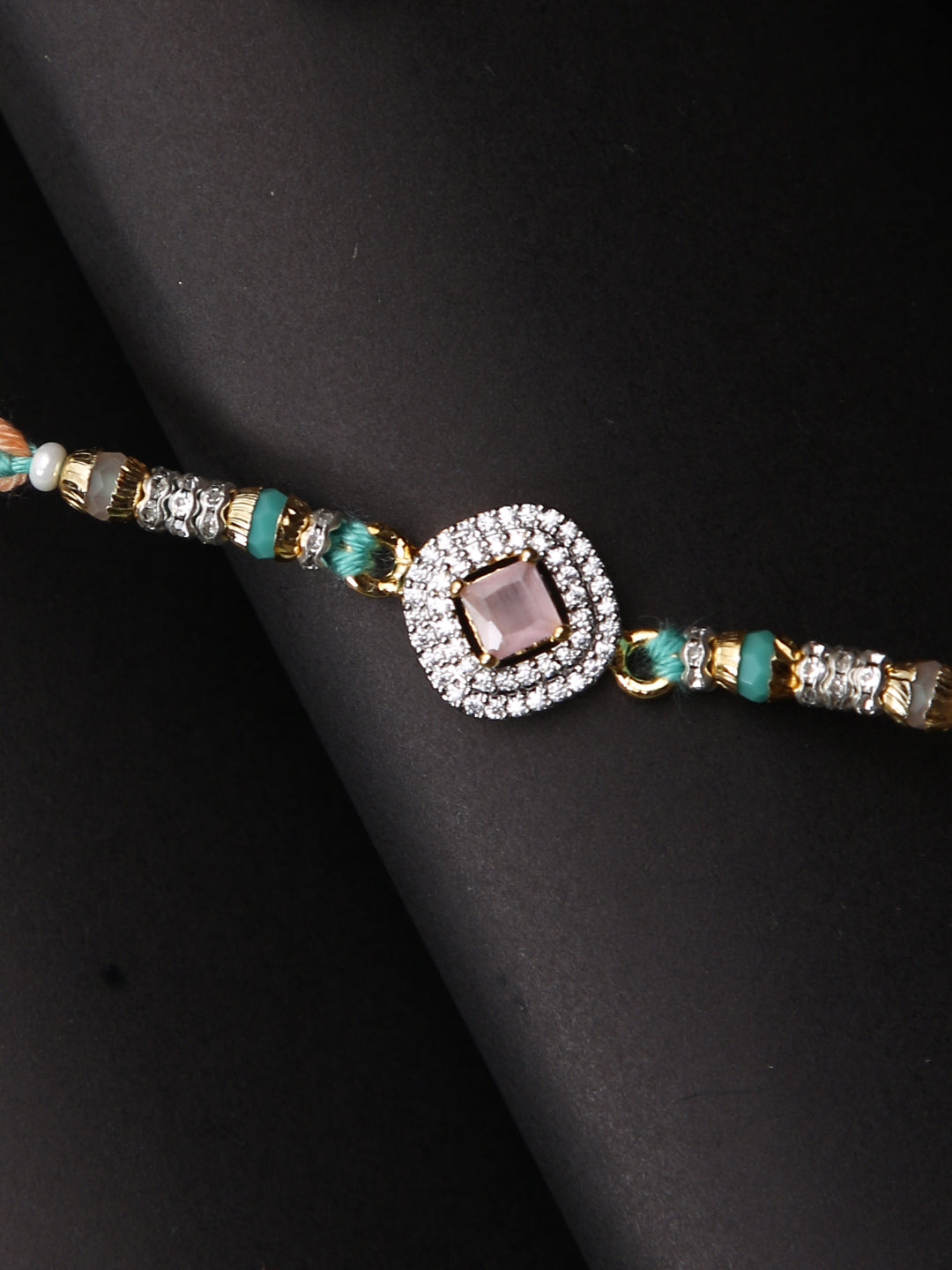 Peach & Green Stone Studded Rakhi