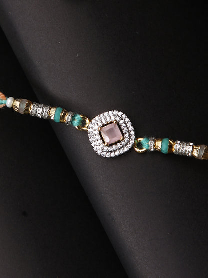 Peach & Green Stone Studded Rakhi