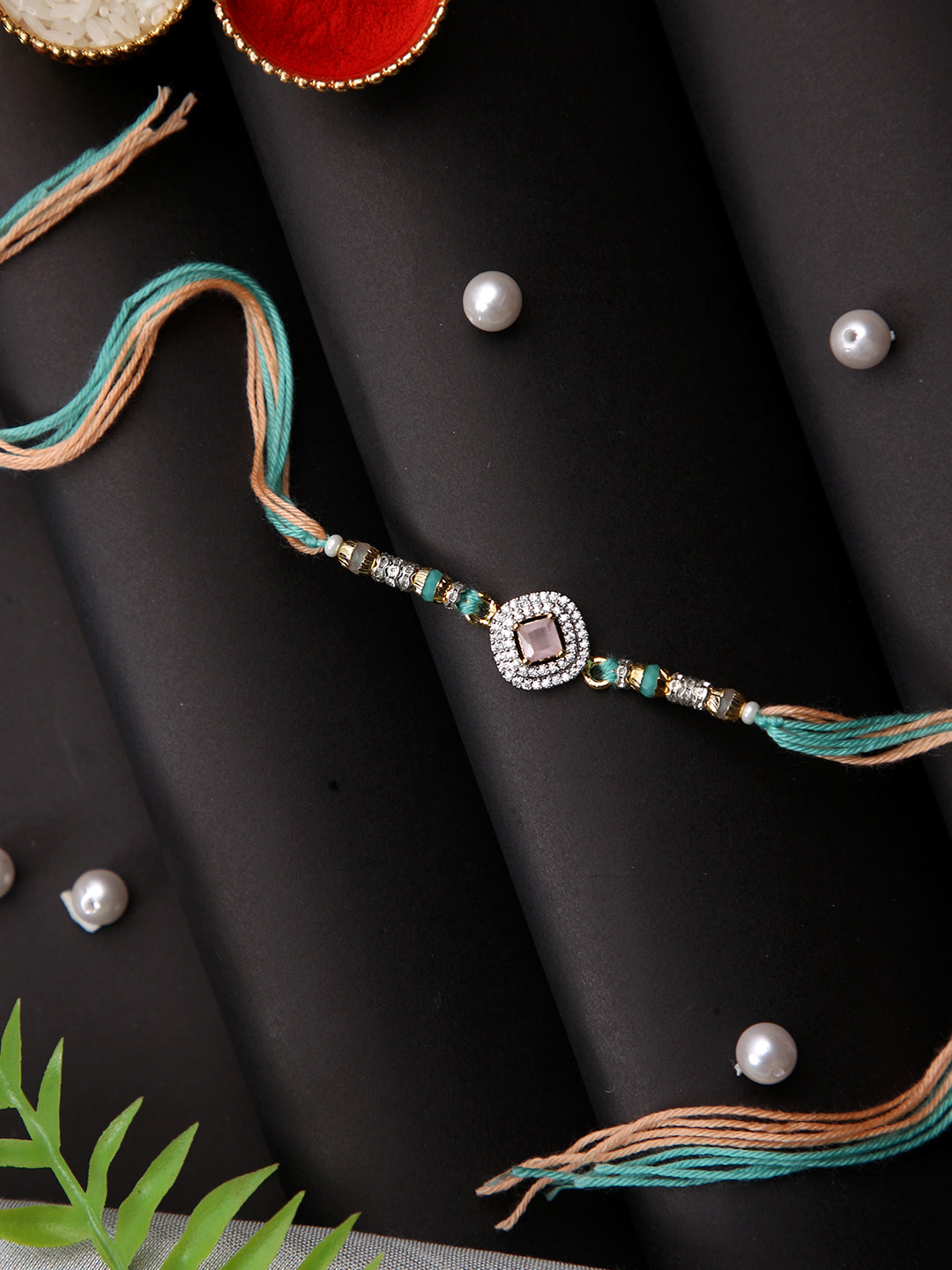 Peach & Green Stone Studded Rakhi