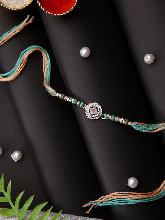 Peach & Green Stone Studded Rakhi