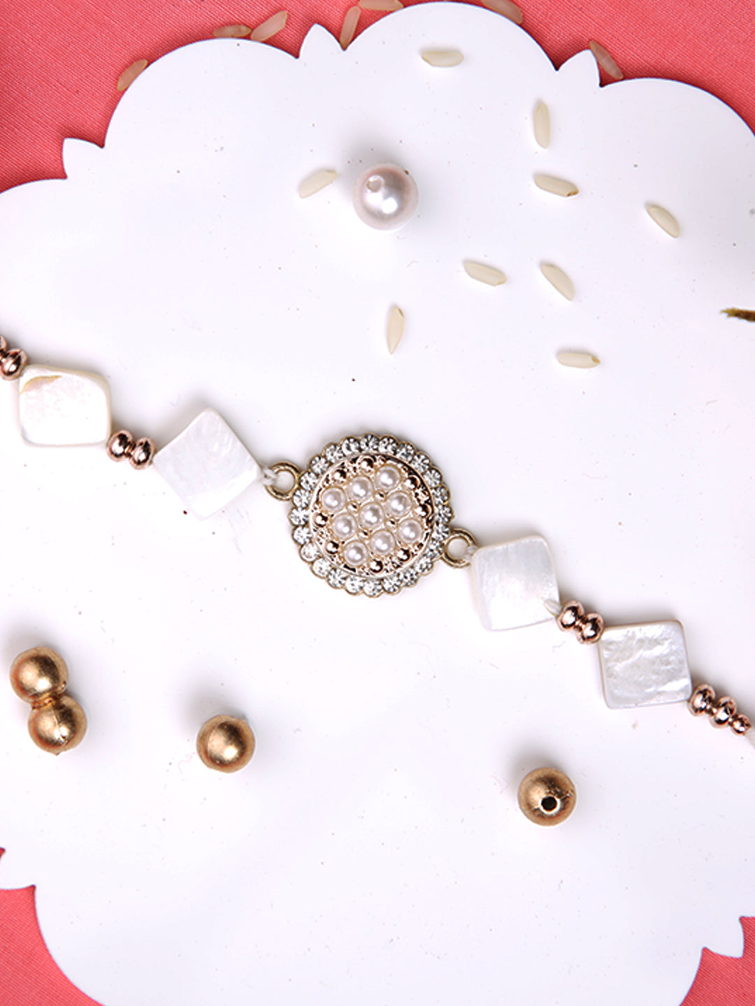White Pearl & Stone Studded Rakhi