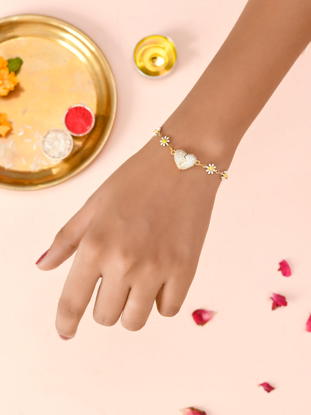 White Floral Heart Bracelet Magnet Rakhi