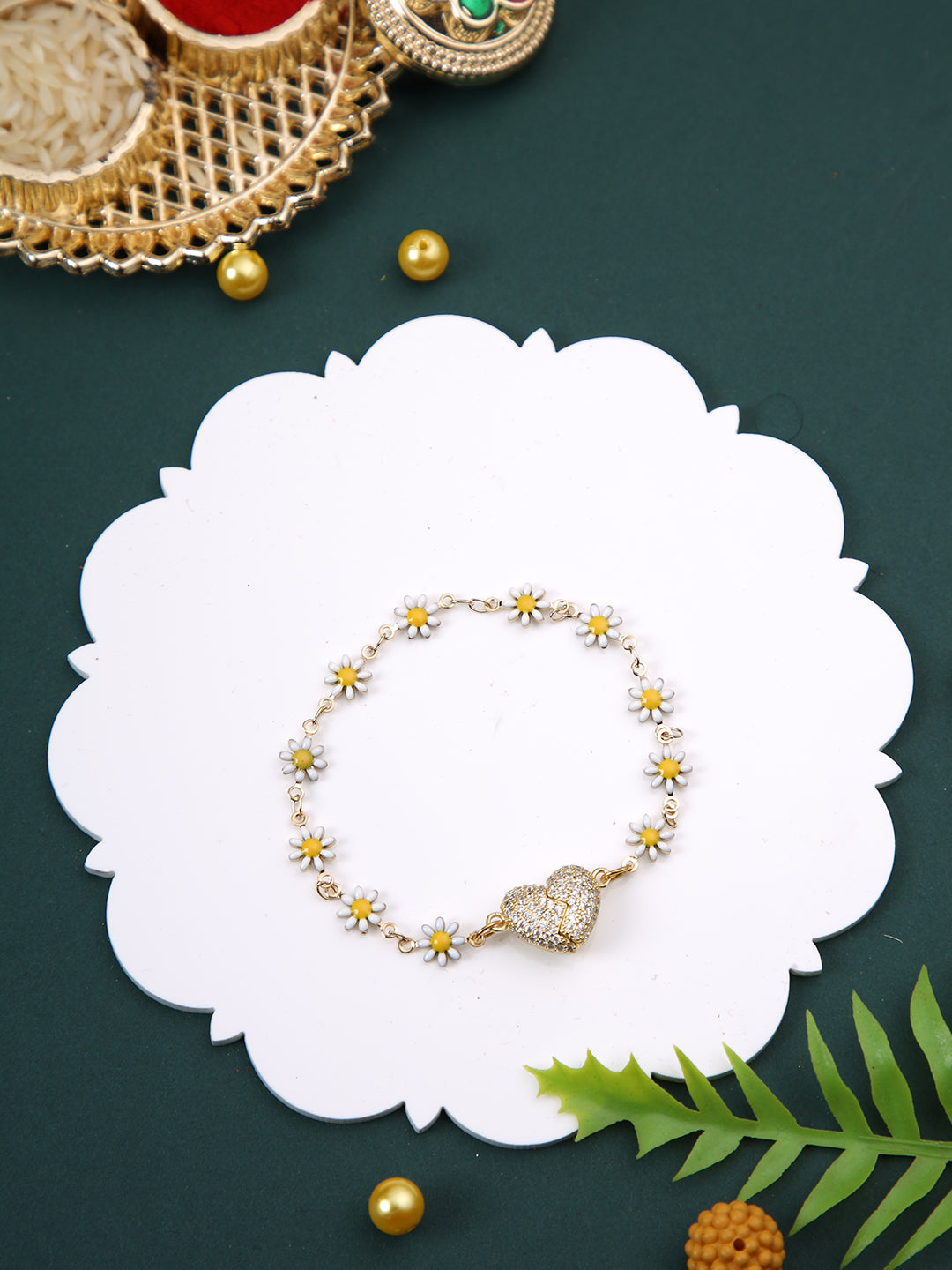 White Floral Heart Bracelet Magnet Rakhi