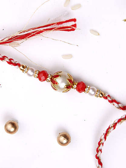 White & Red Twisted Rakhi with a Pearl