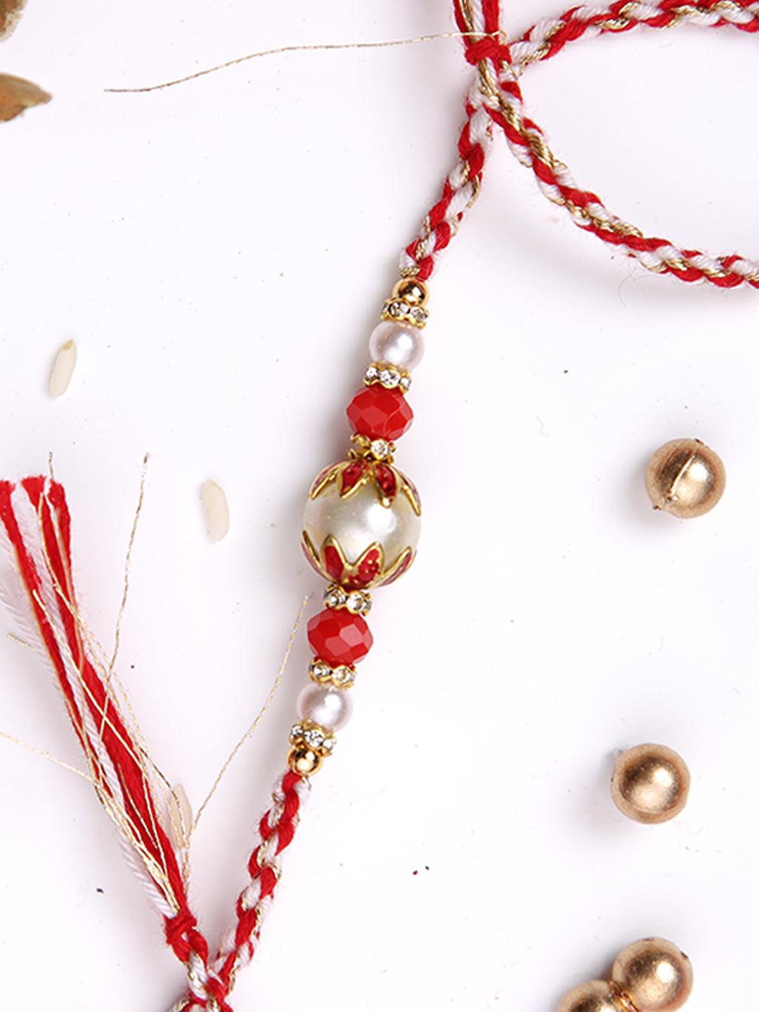 Red & White Twisted Rakhi with a Pearl