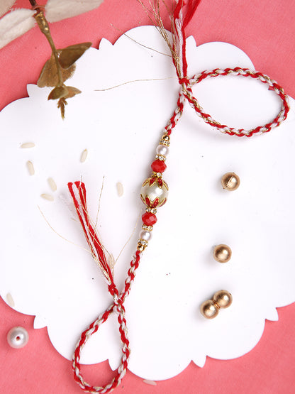 Red & White Twisted Rakhi with a Pearl