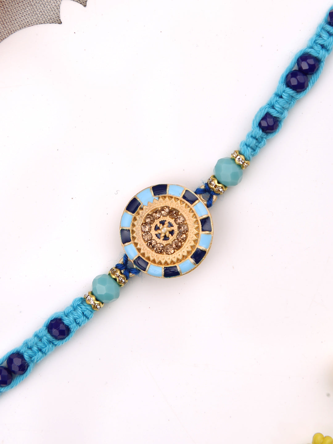 Blue & Gold Enameled Beaded Single Rakhi