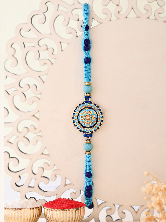 Gold Floral Blue Enameled Single Rakhi