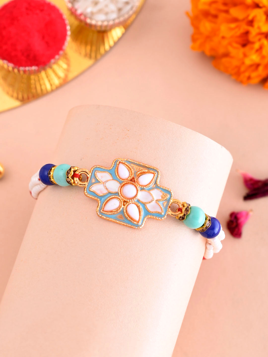 White Floral Beaded Single Rakhi