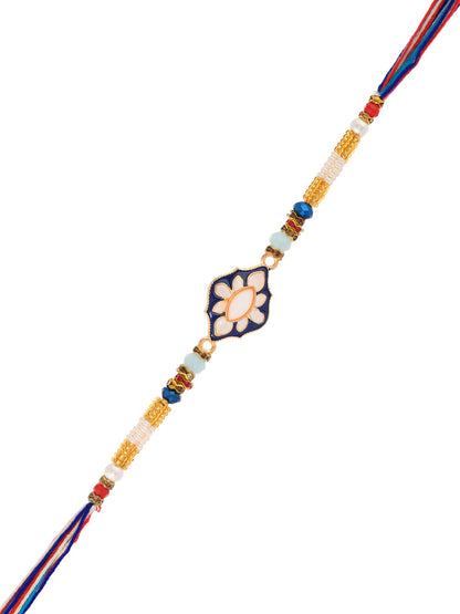 White Floral Blue Enameled Single Rakhi