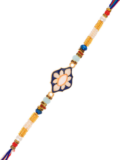 White Floral Blue Enameled Single Rakhi