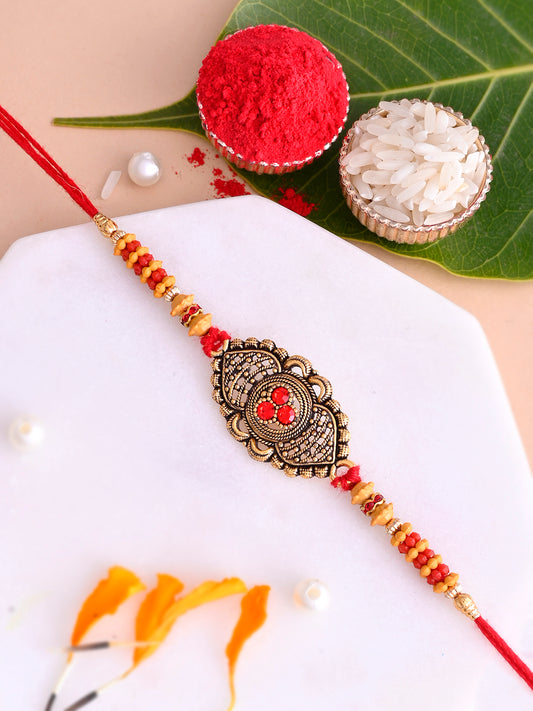 Beautiful Intorcated Red Stones Beaded Rakhi