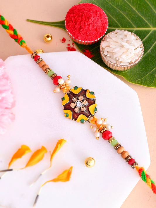 Yellow & Brown Enameled Vibrant Braided Rakhi������