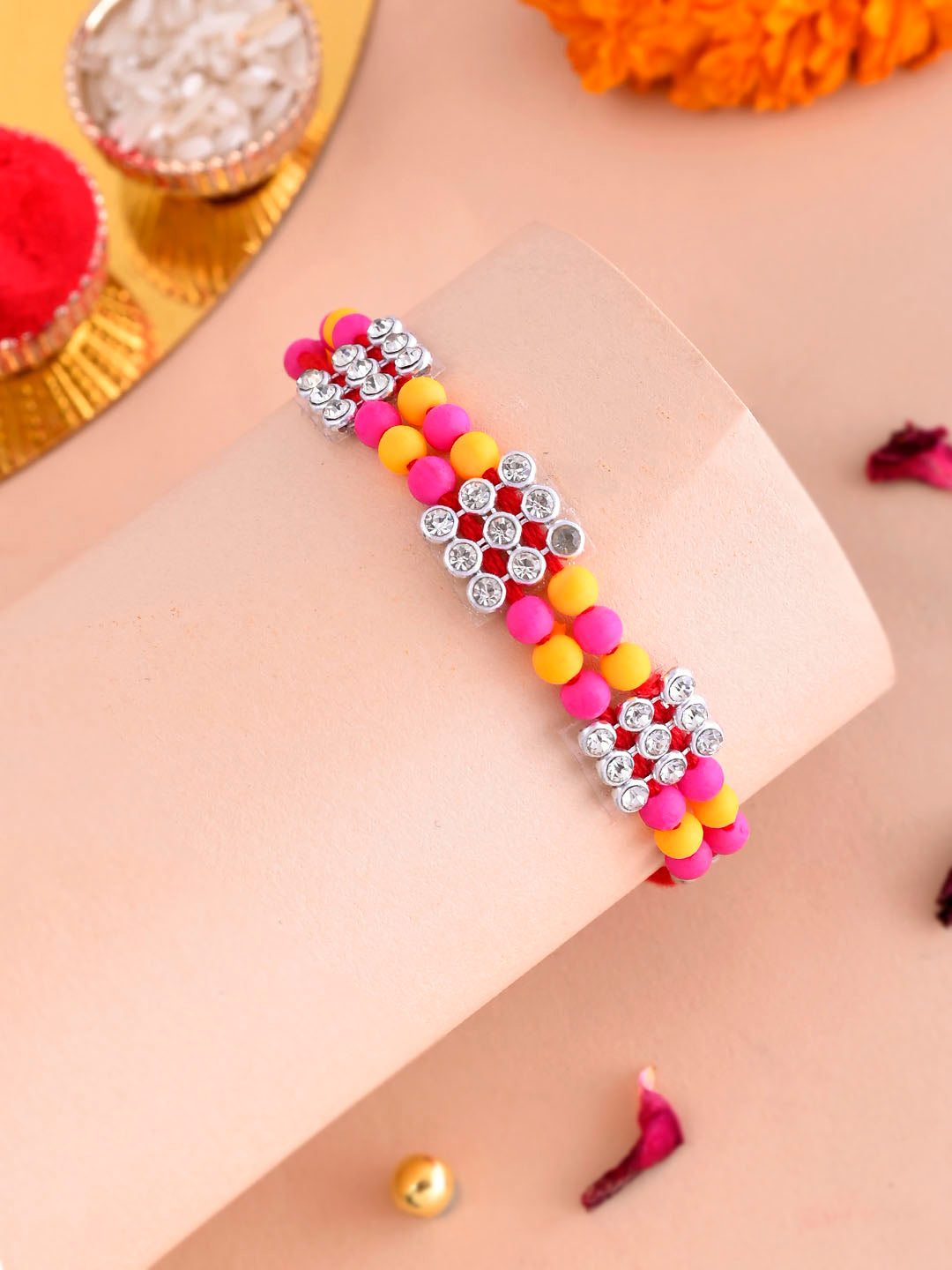 Pink & Yellow Multi Beaded Single Rakhi