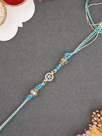 Handmade Evil Eye Rakhi with Aqua Blue Threads and Beads