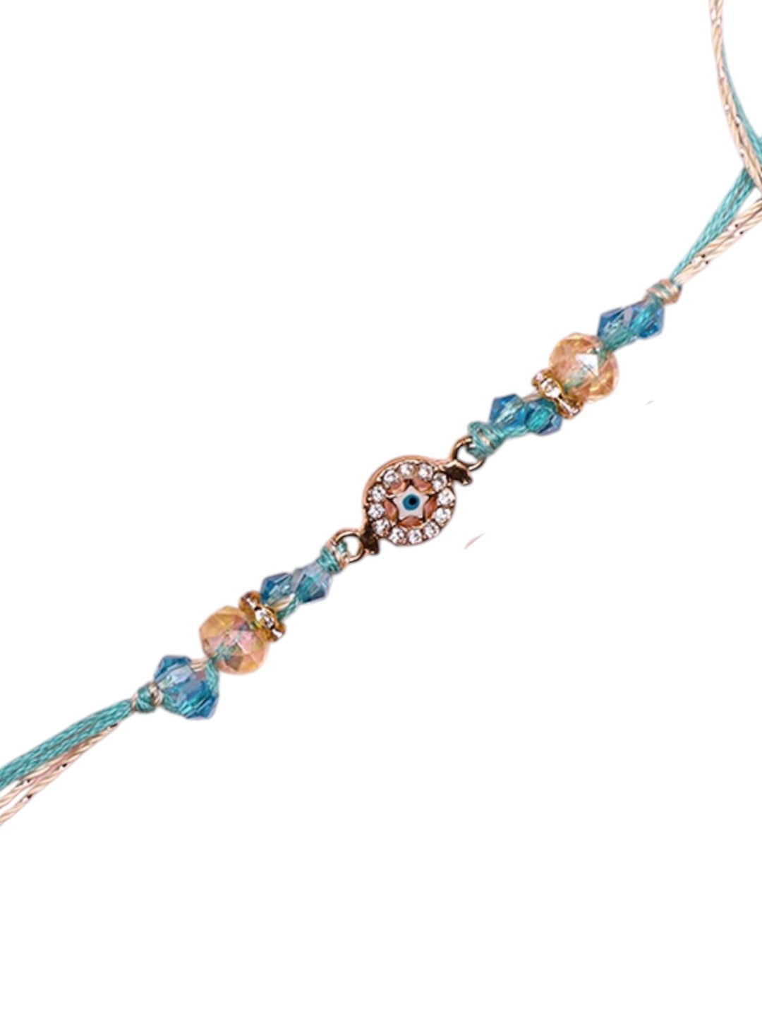 Handmade Evil Eye Rakhi with Aqua Blue Threads and Beads
