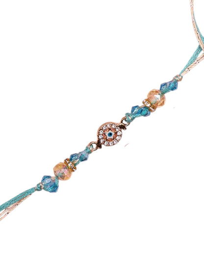 Handmade Evil Eye Rakhi with Aqua Blue Threads and Beads