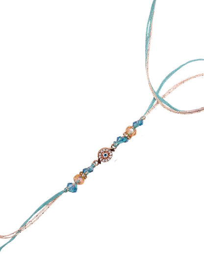 Handmade Evil Eye Rakhi with Aqua Blue Threads and Beads